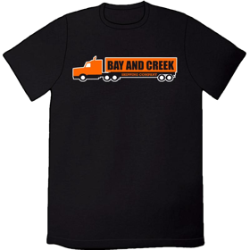 Black T-shirt with orange Bay and Creek truck logo